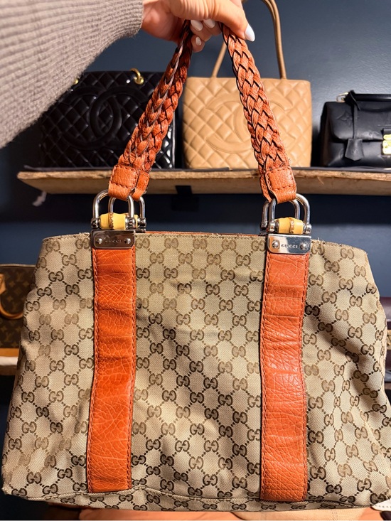 Gucci Handbags - Gucci Libeccio Baboo GG Canvas Tote with Orange Leather Accents